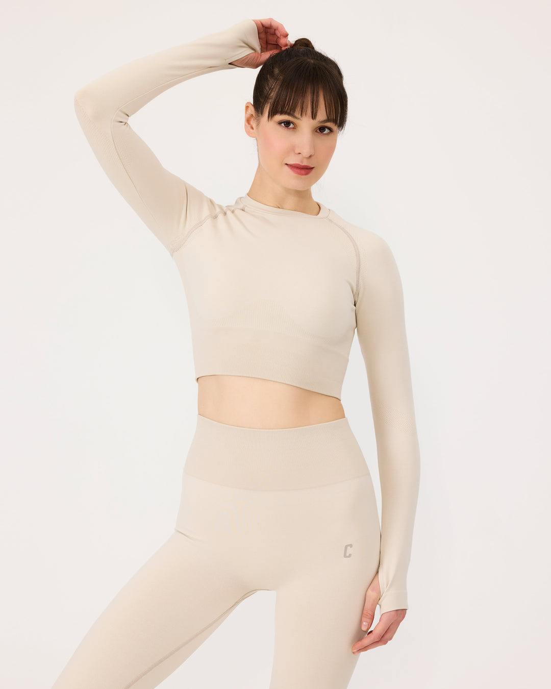 Bej | Seamless Başparmak Delikli Crop Top