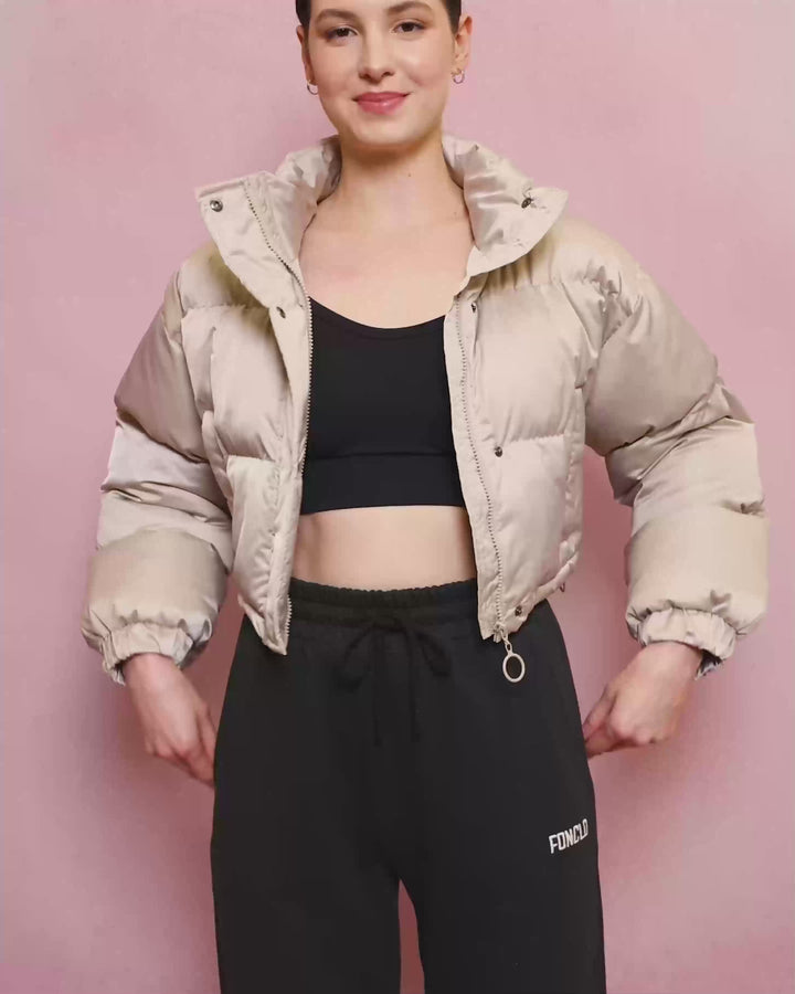 Bej | Dik Yakalı Crop Puffer Ceket