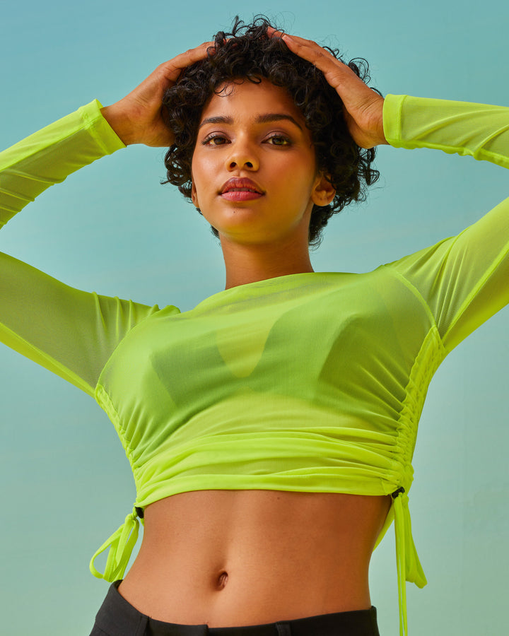 Yellow, long sleeves, mesh top, with drawstring, crop top, regular length, long top, round neck, slim fit, transparent top. 