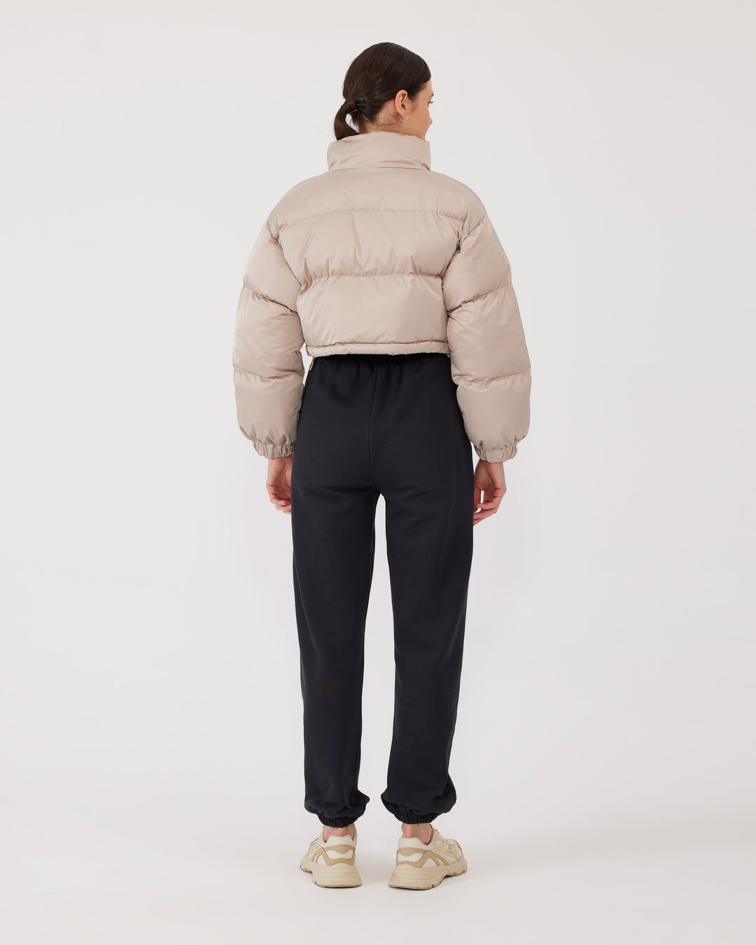 Bej | Dik Yakalı Crop Puffer Ceket