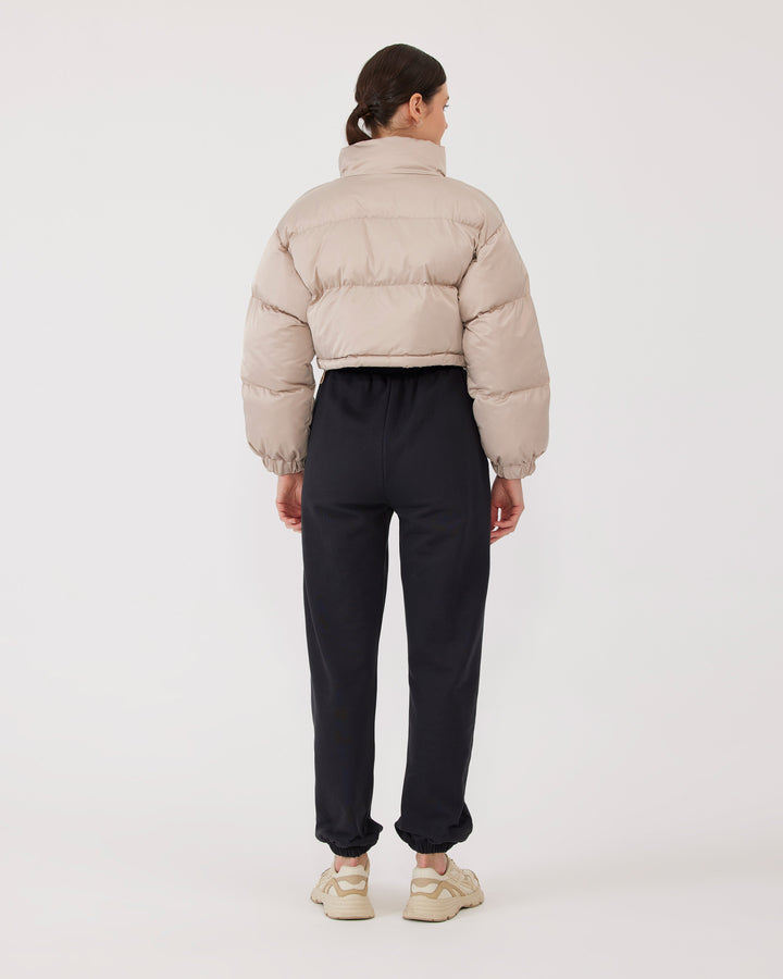 Bej | Dik Yakalı Crop Puffer Ceket