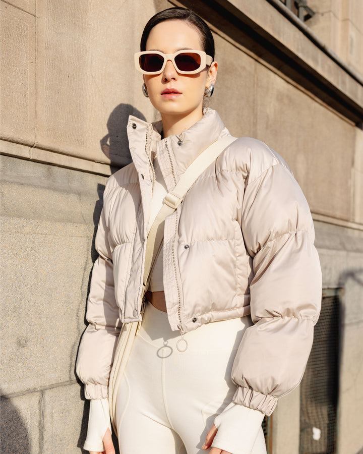 Beige | Stand Collar Crop Puffer Jacket
