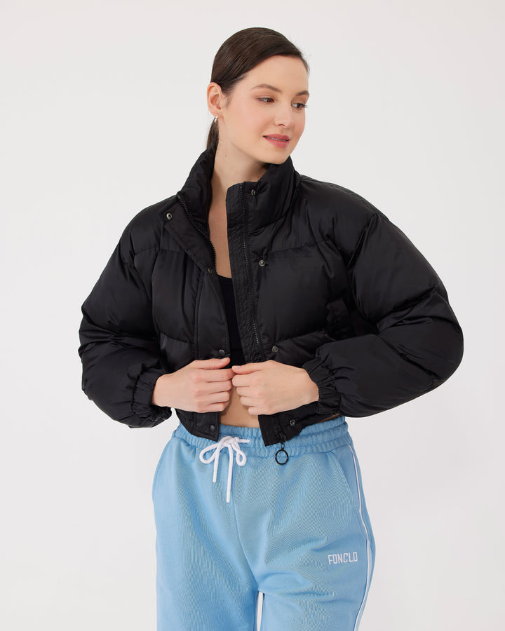 Siyah | Dik Yakalı Crop Puffer Ceket