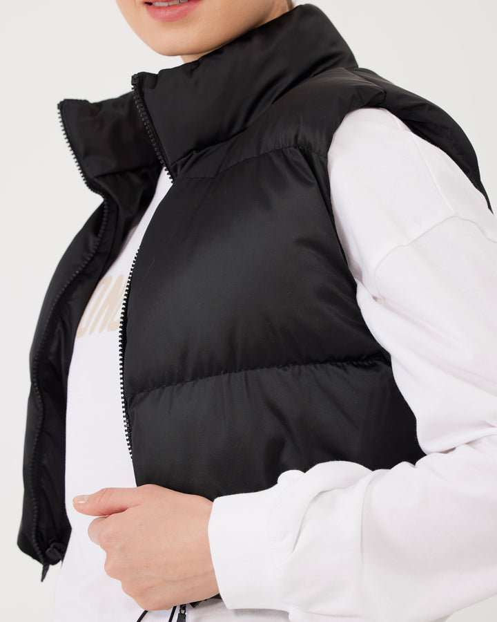 Siyah | Crop Fermuarlı Puffer Yelek