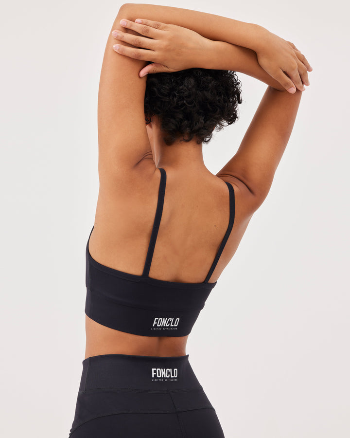 Black, gathered, sports bra, spaghetti straps, u-neckline, elasticated hem, fonclo logo, crop, slim fit, built-in bra, strappy. 