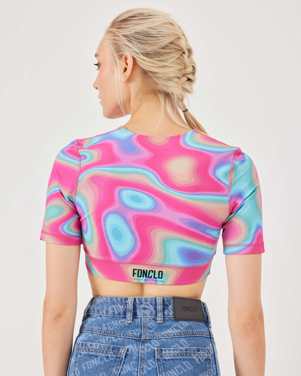 Patterned, cropped, wraptop, v-neck, top, short sleeves, wrapover, elasticated waist, pink, fonclo logo. 