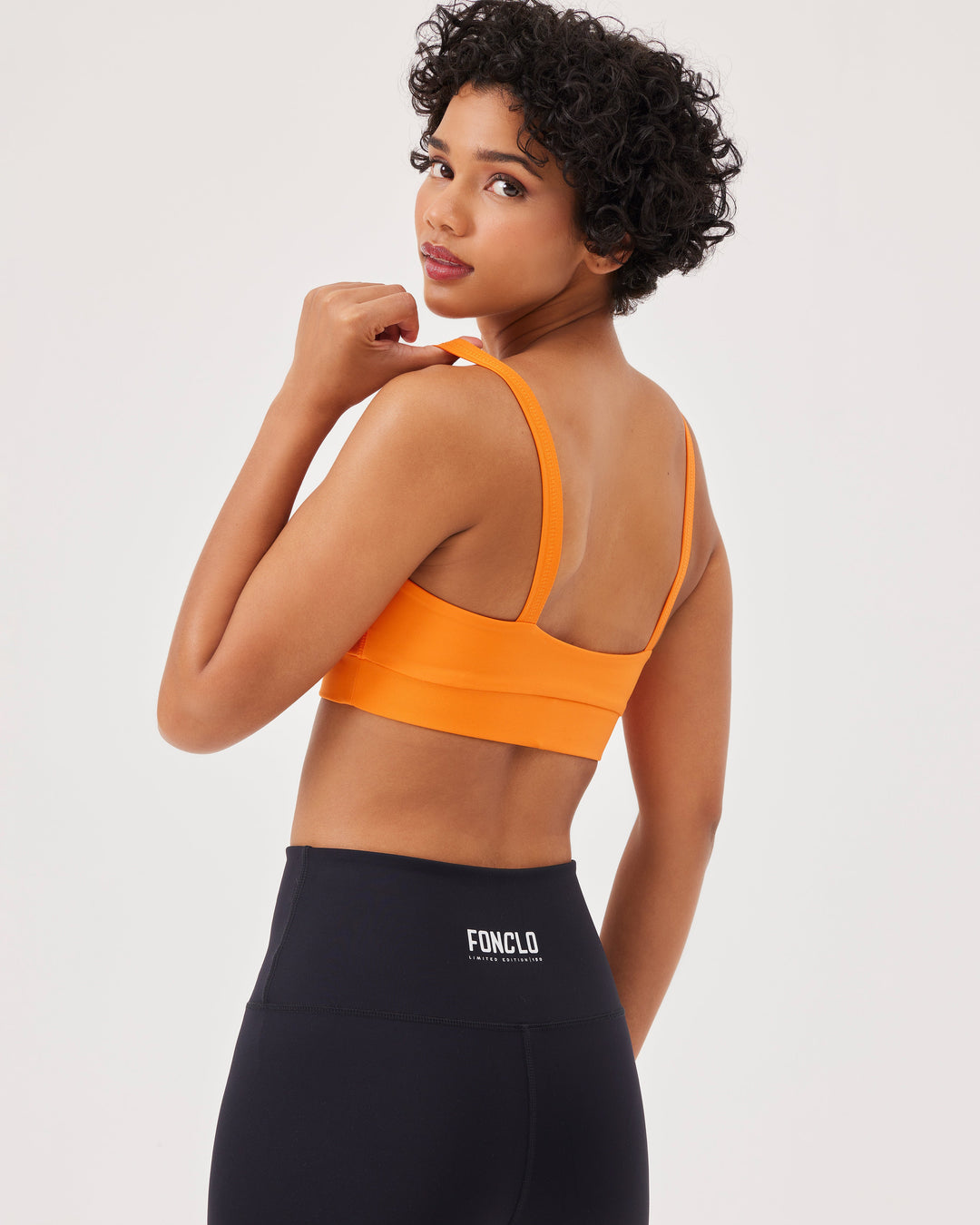 Orange, basic sports bra, built-in bra, fonclo logo, top, sleeveless, strappy, cropped, slim fit, stretchy. 