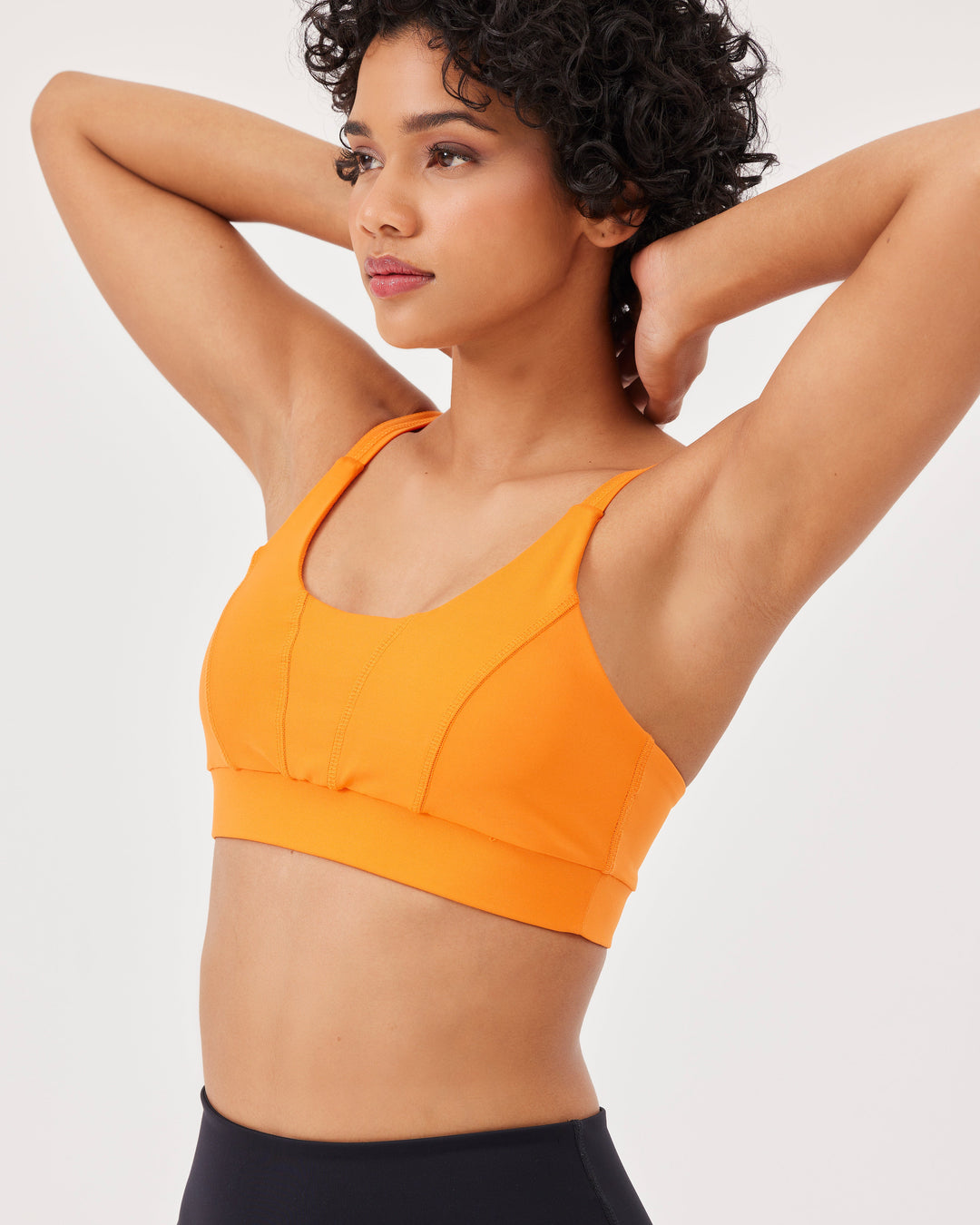 Orange, basic sports bra, built-in bra, fonclo logo, top, sleeveless, strappy, cropped, slim fit, stretchy. 