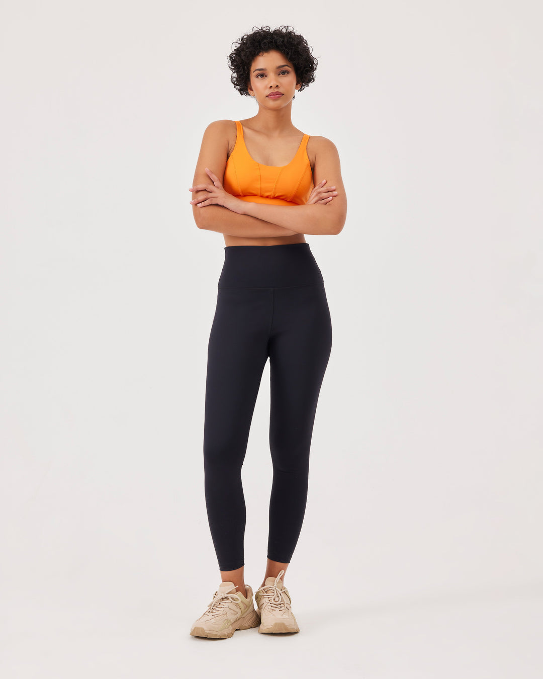 Orange, basic sports bra, built-in bra, fonclo logo, top, sleeveless, strappy, cropped, slim fit, stretchy. 