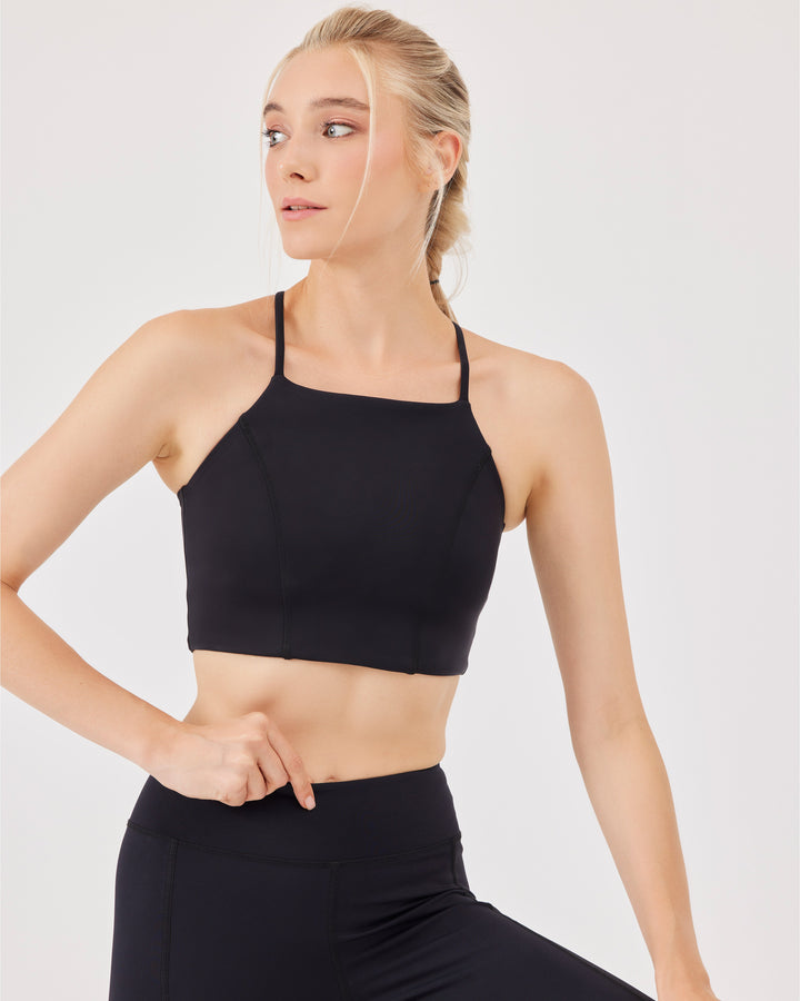 Black, halterneck top, crossed straps, sports bra, elastic band, racerback, crop, slim fit, fonclo logo.