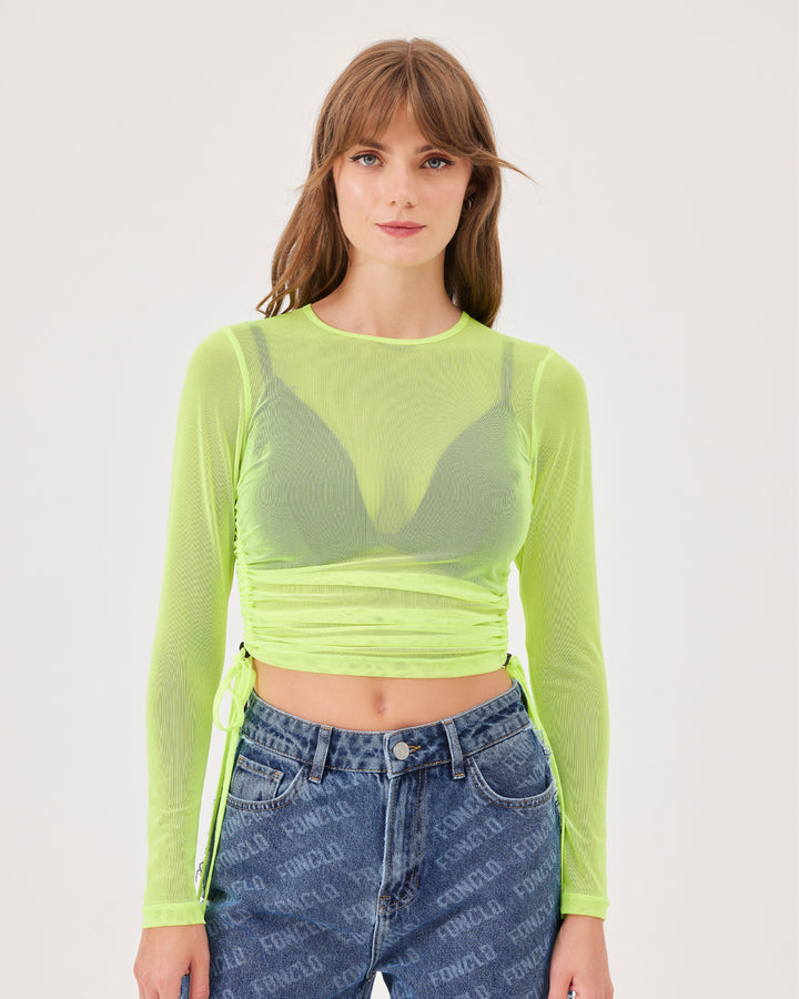 Yellow, long sleeves, mesh top, with drawstring, crop top, regular length, long top, round neck, slim fit, transparent top. 