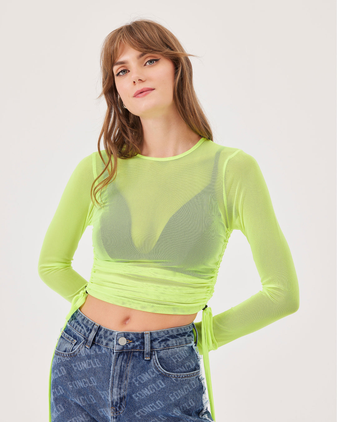 Yellow, long sleeves, mesh top, with drawstring, crop top, regular length, long top, round neck, slim fit, transparent top. 