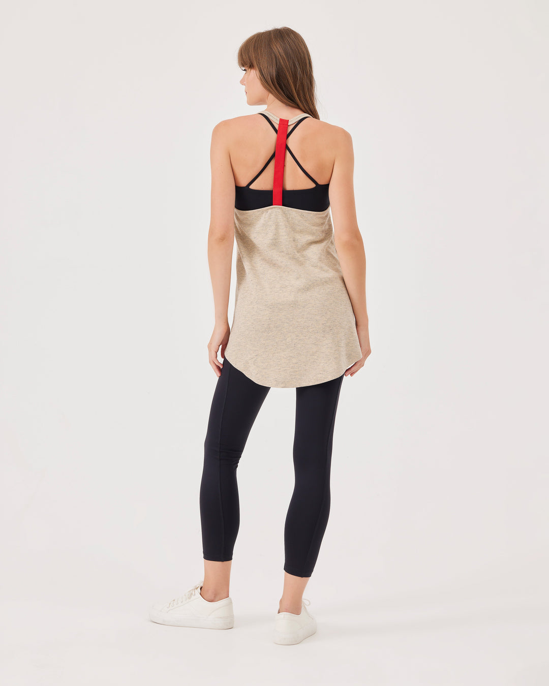 Beige relaxed fit halterneck tank top, racerback, elastic back strap in red, loose fit, relaxed Fit, U-Neck, sleeveless.