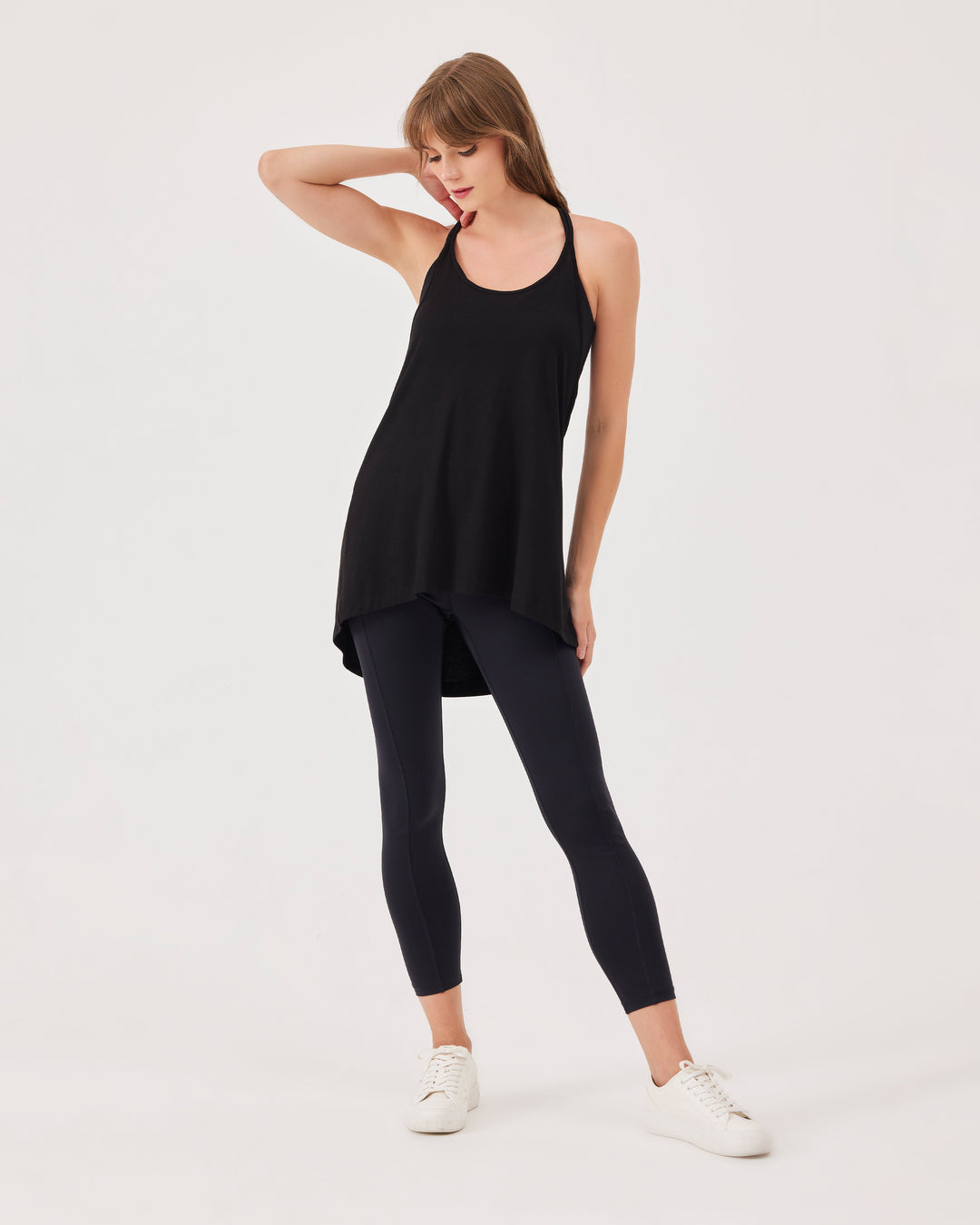 Black, racerback, halterneck, tank top,  contrast elastic strap in red, loose fit, relaxed fit, u-neck, sleeveless.