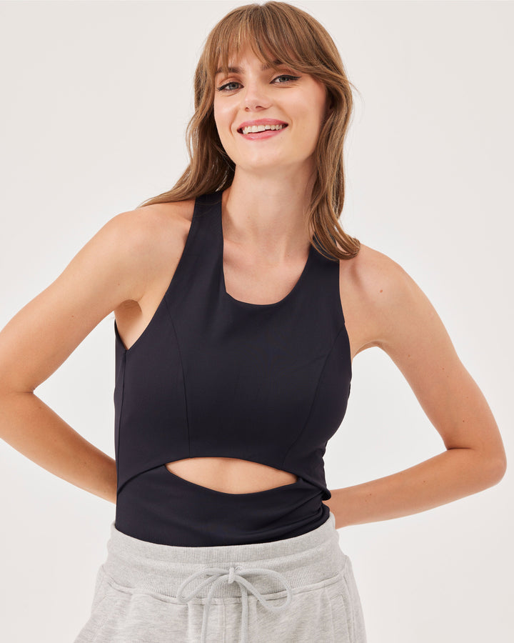 Black, tanktop, fonclo logo on the back, sleeveless, wide straps, cut-out details on the front and back, regular length, slim fit, u-neck, crossed straps, open back. 