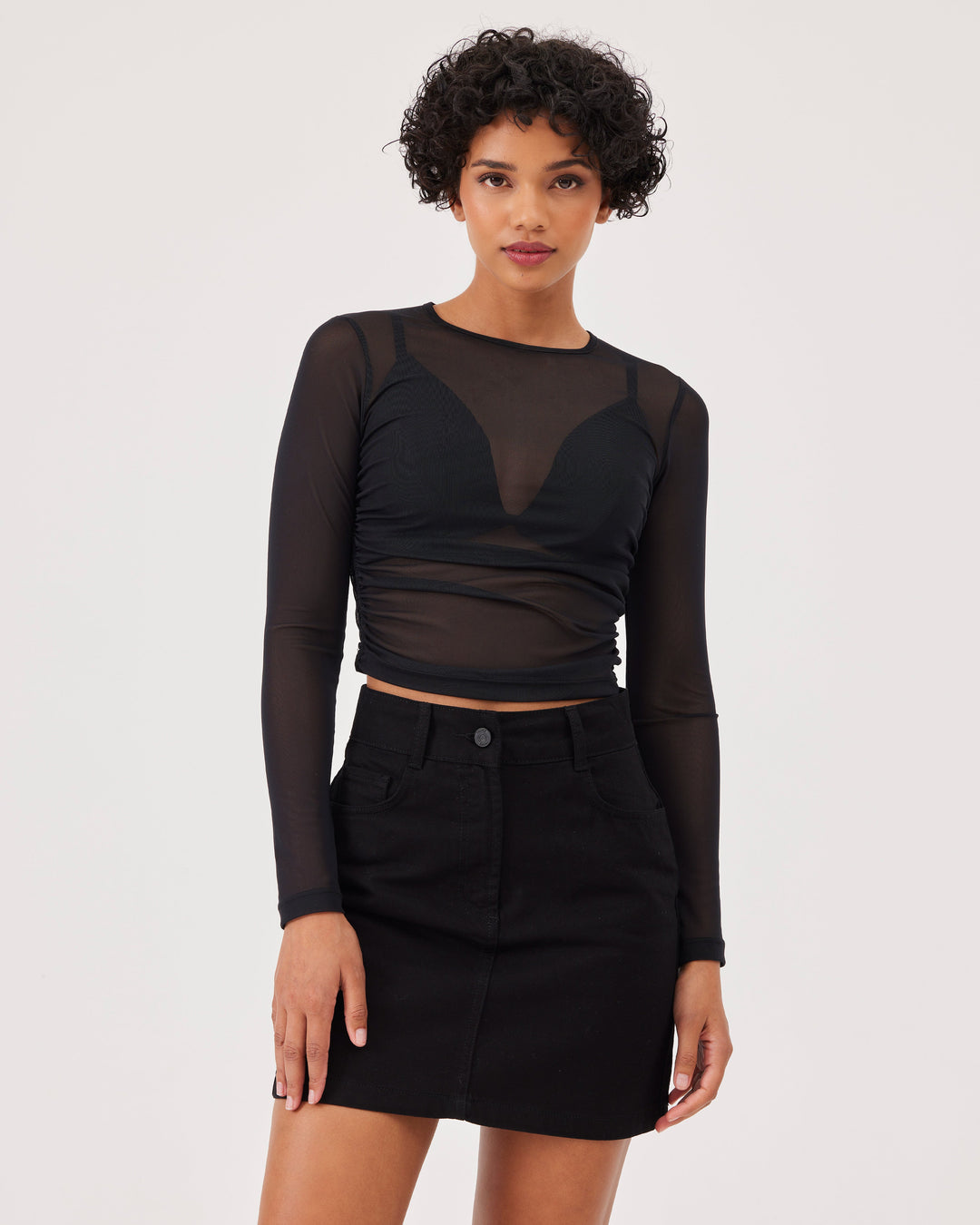 Black, gathered mesh top, side ruching, long sleeves, round neckline, mesh, crop, slim fit, transparent. 