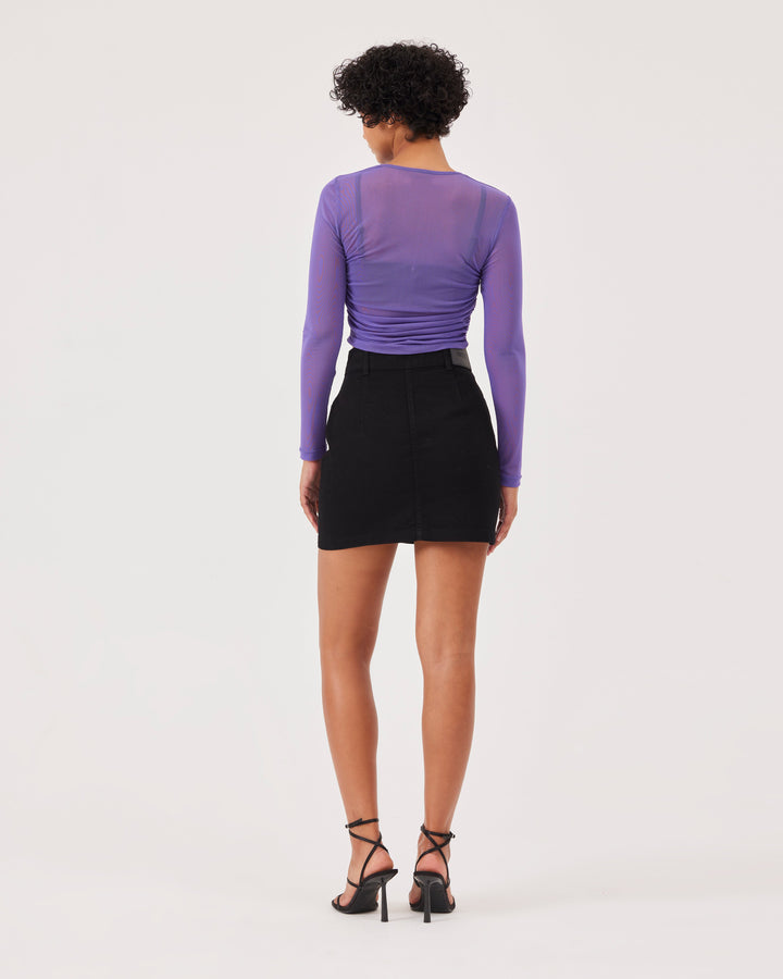 Lilac, gathered mesh top, side ruching, long sleeves, round neckline, mesh, crop, slim fit, transparent.