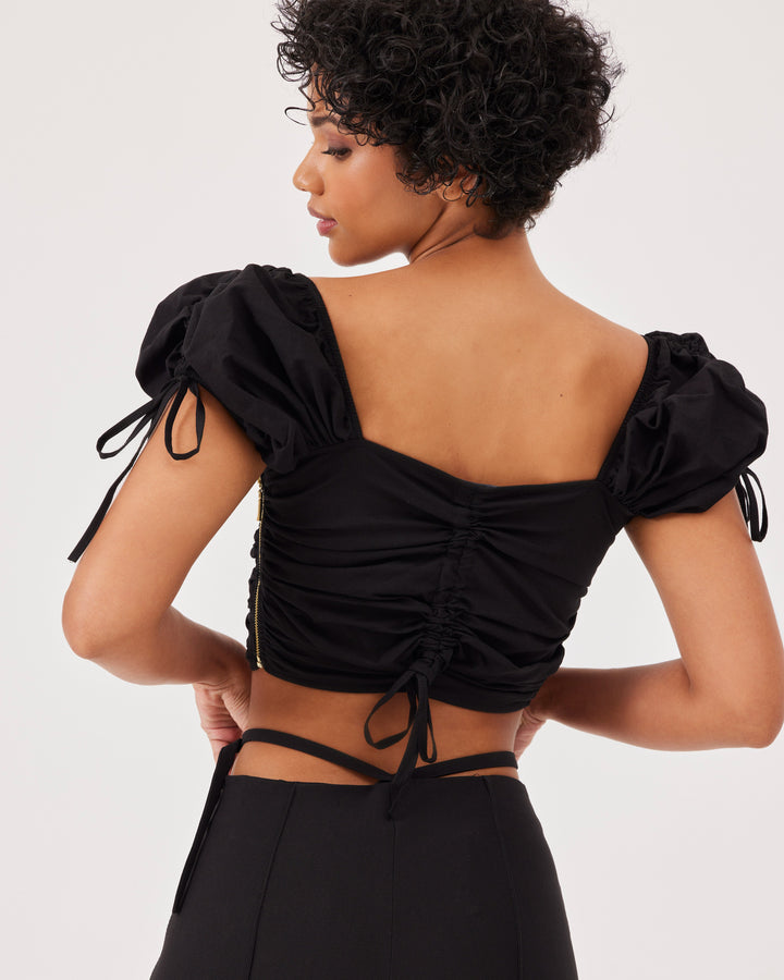 Black, puff sleeves, crop, blouse, with lacing, front, back, and sleeve lacing. top, side zipper,  short sleeves, slim fit, poplin. 