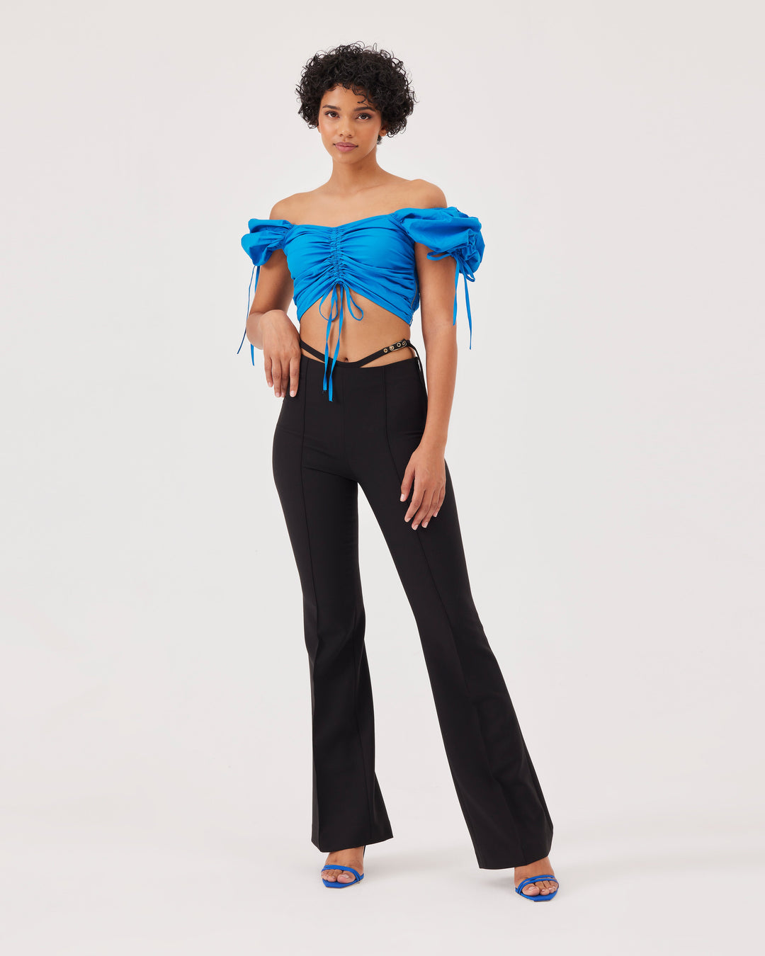 Blue, puff sleeves, crop, blouse, with lacing, front, back, and sleeve lacing. top, side zipper,  short sleeves, slim fit, poplin. 