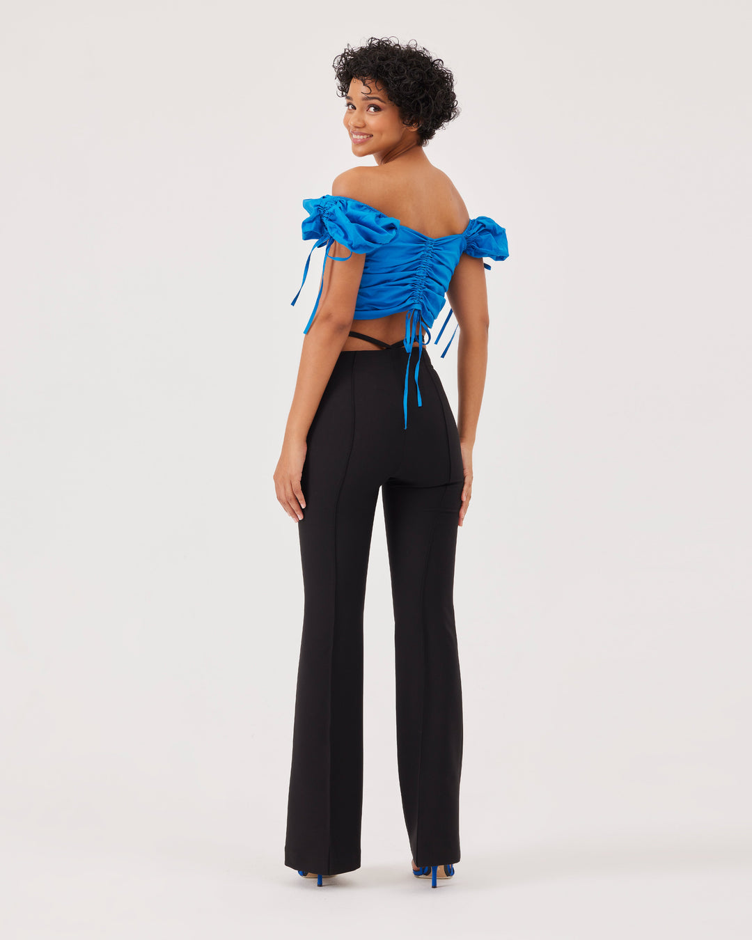 Blue, puff sleeves, crop, blouse, with lacing, front, back, and sleeve lacing. top, side zipper,  short sleeves, slim fit, poplin. 