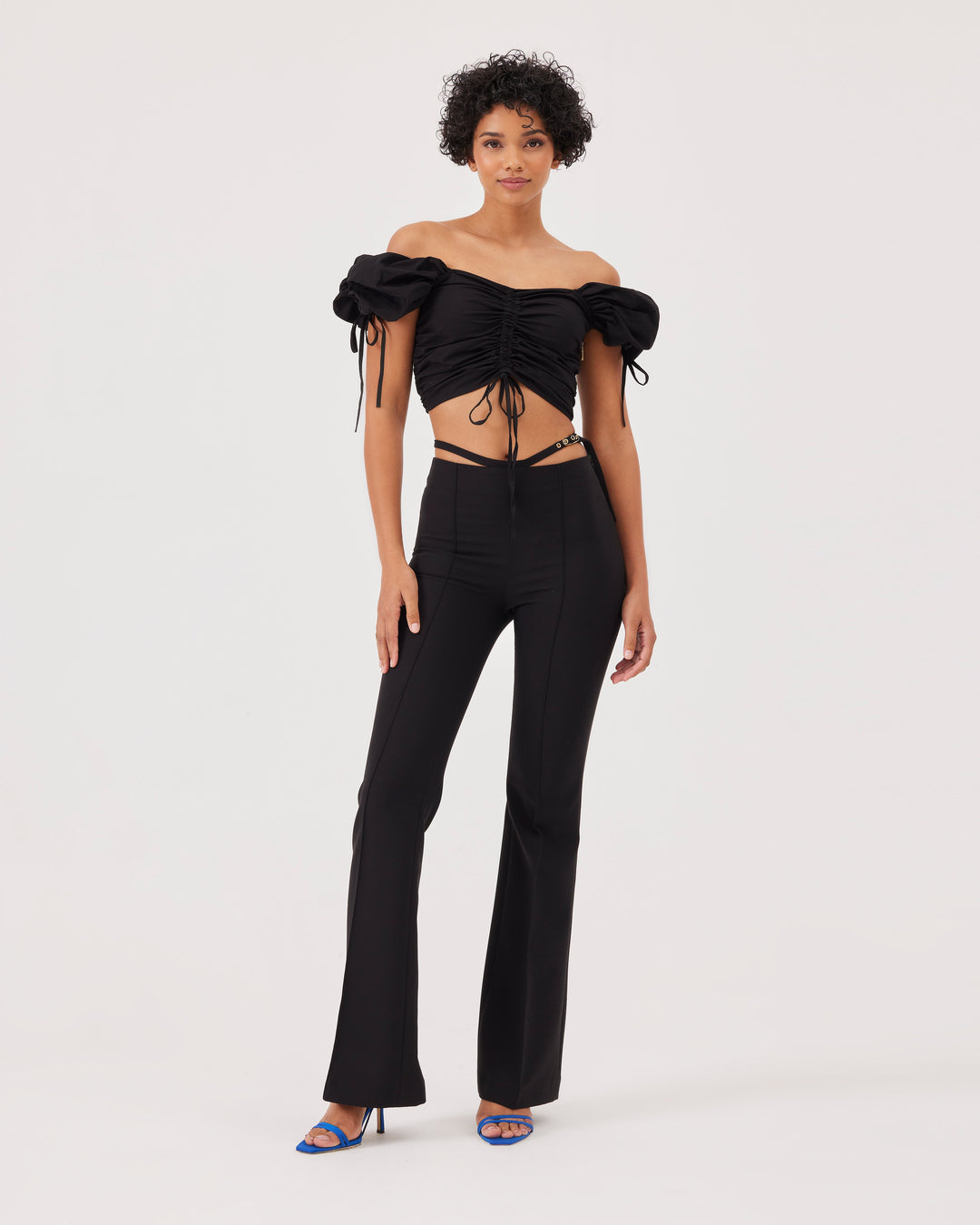 Black, puff sleeves, crop, blouse, with lacing, front, back, and sleeve lacing. top, side zipper,  short sleeves, slim fit, poplin. 