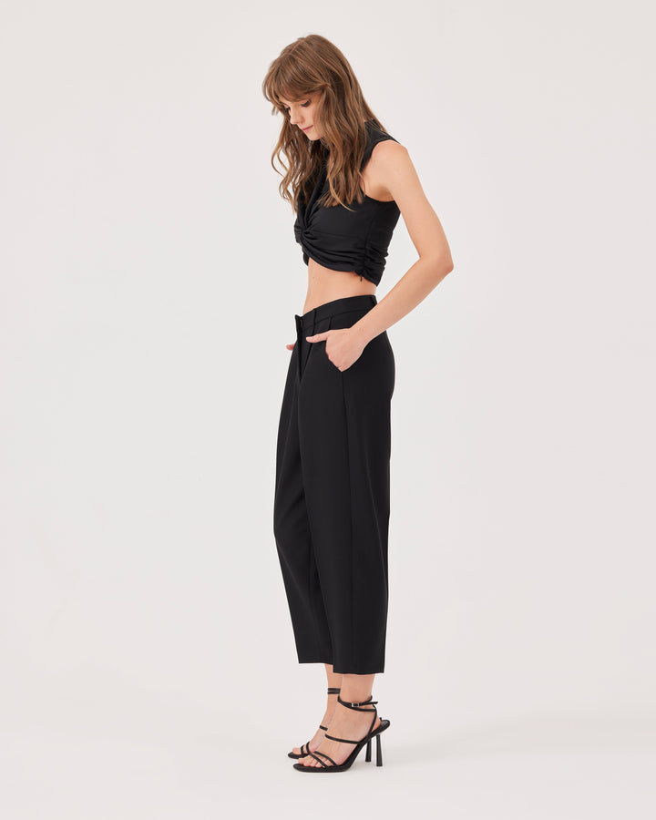 Black, draped crop blouse, v-neck, sleeveless, elegant, front knot detail, regular fit, draped waist, top. 