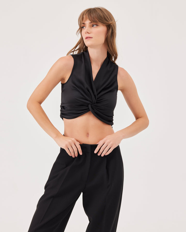 Black, draped crop blouse, v-neck, sleeveless, elegant, front knot detail, regular fit, draped waist, top. 