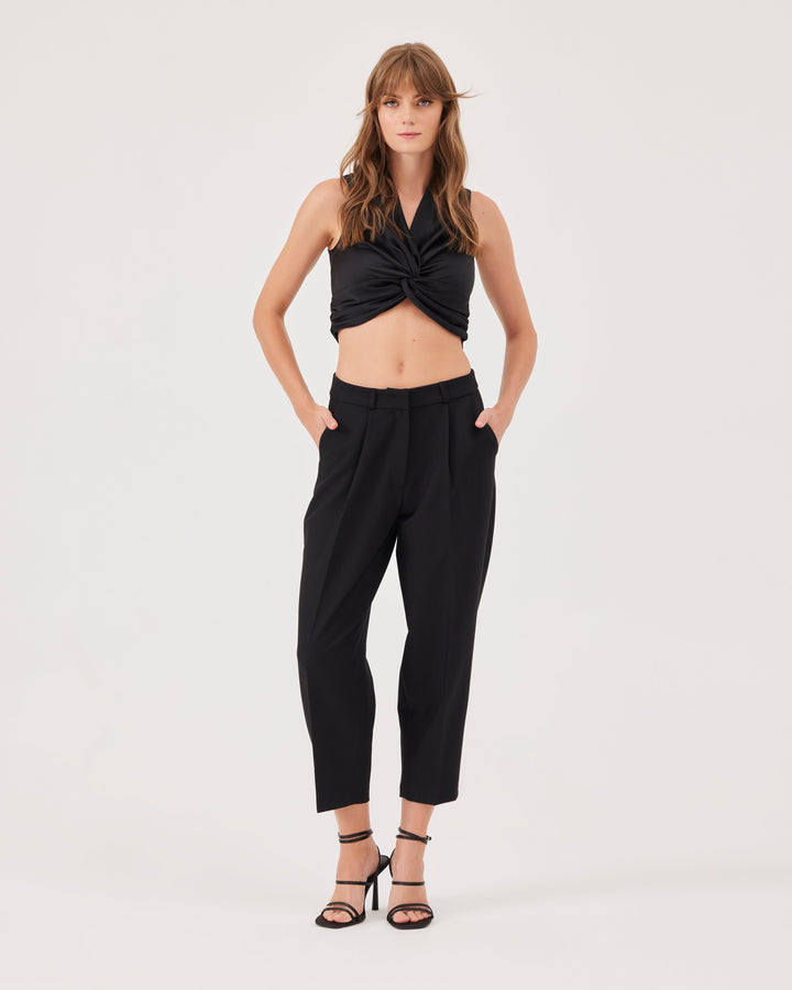 Black, draped crop blouse, v-neck, sleeveless, elegant, front knot detail, regular fit, draped waist, top. 