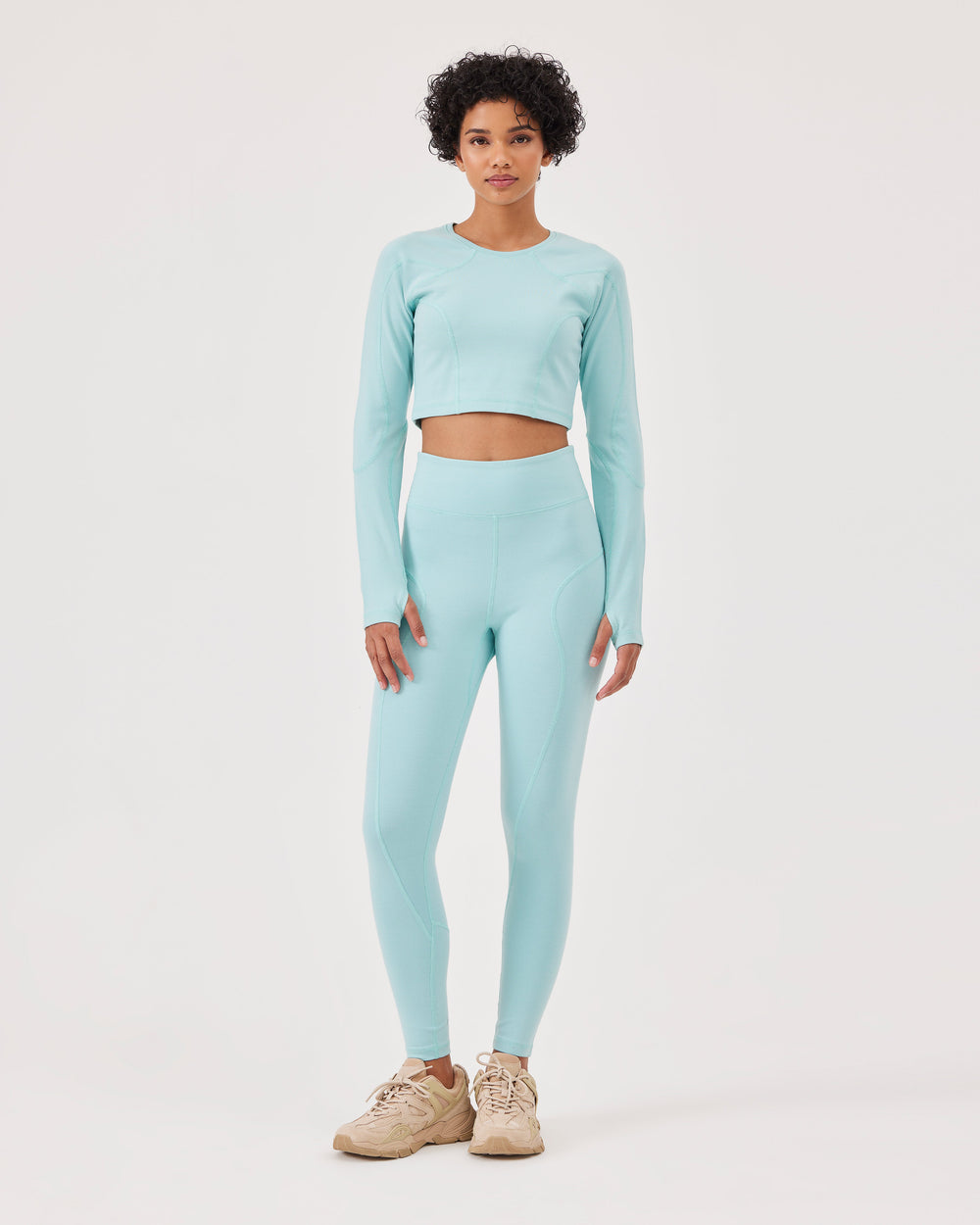 Blue, high-waisted ankle-length leggings with Fonclo logo on the back. Made from high-quality stretch fabric. Suitable for gym and daily wear.