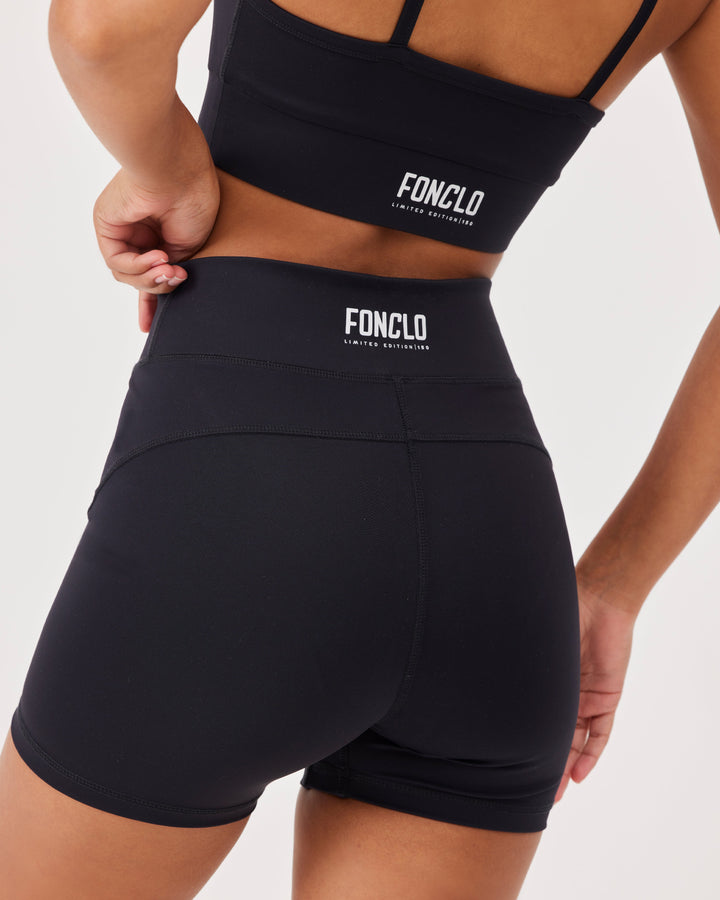 Black, sports cycling shorts, fonclo logo on the back, bikershorts, slim fit, high-waist, stretchy. 