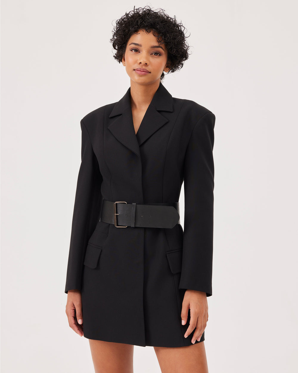 Black belted blazer dress, classic dress, elegant, mini dress, tailored cut, elegant lapel collar, shoulder pads, concealed button placket, regular fit, long sleeve, with belt. 