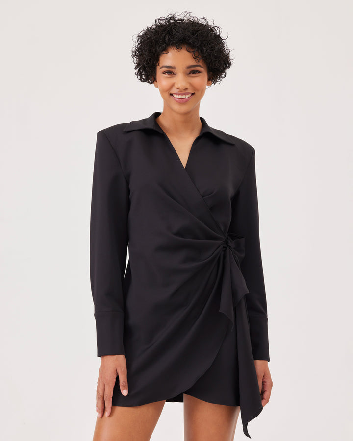 Black, wrap dress, tie bands, mini, long sleeves, buttons on the cuffs, collared, v-neck, concealed button, shoulder pads, short, regular fit.