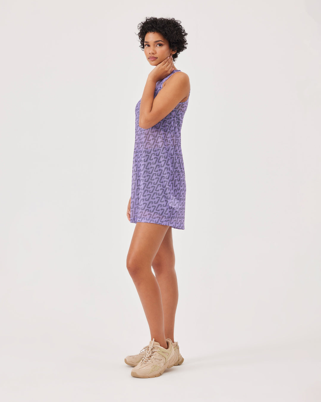 Lilac, monogram, mini dress, mesh, fonclo logo, overBeden t-shirt, sleeveless, regular fit, round neck. 