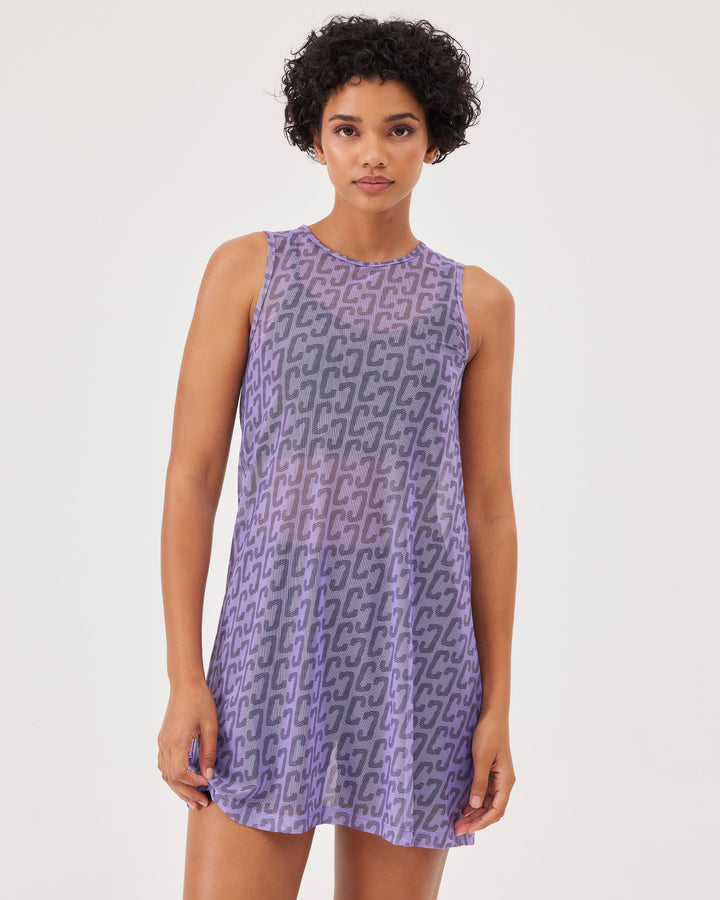 Lilac, monogram, mini dress, mesh, fonclo logo, overBeden t-shirt, sleeveless, regular fit, round neck. 