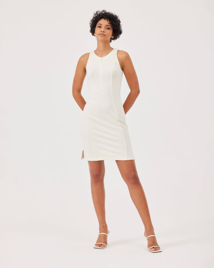 White, zipped, halterneck, mini dress, front zipper, body-hugging, fonclo logo at the back, sleeveless, slim fit. 