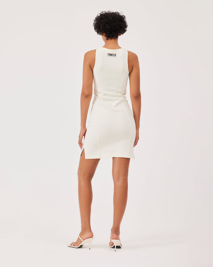 White, zipped, halterneck, mini dress, front zipper, body-hugging, fonclo logo at the back, sleeveless, slim fit. 