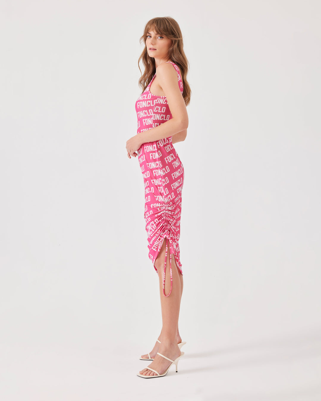 Pink, monogramm, midi dress, figure-hugging, sleeveless, side drawstring,  round neckline,             u-neckline, slim fit, stretchy. 