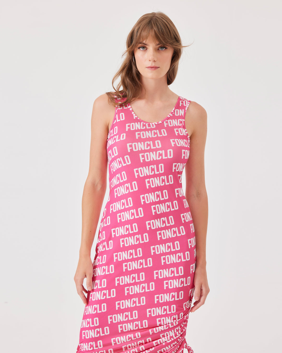 Pink, monogramm, midi dress, figure-hugging, sleeveless, side drawstring,  round neckline,             u-neckline, slim fit, stretchy. 