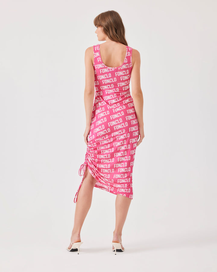 Pink, monogramm, midi dress, figure-hugging, sleeveless, side drawstring,  round neckline,             u-neckline, slim fit, stretchy. 