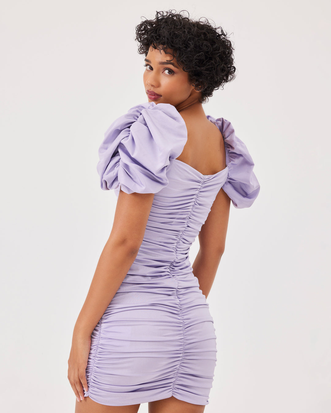 Lilac, slim fit, gathered, short puff-sleeved, mini dress, ruched design, stretchy, off-shoulder.