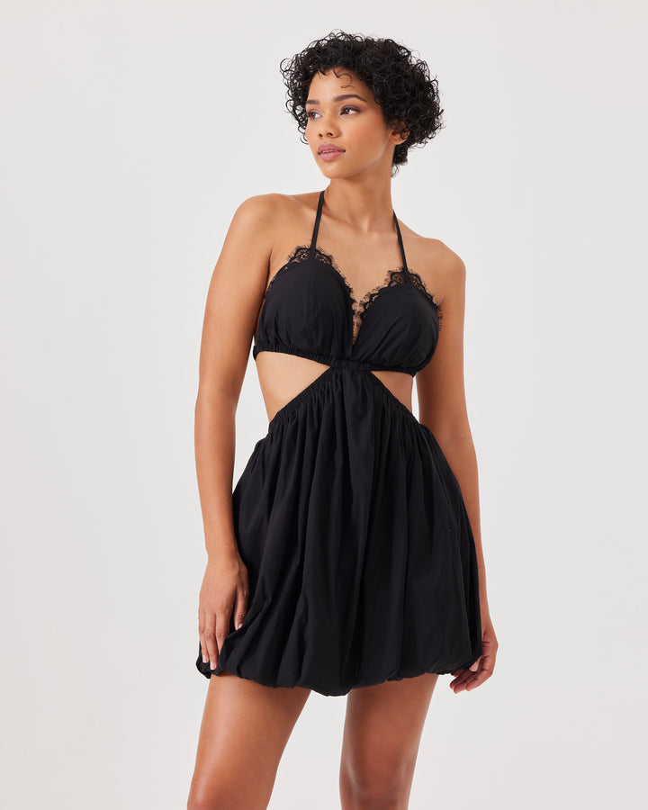 Black, mini dress, poplin, lace details, halterneck, v-neck, sleeveless, open back, balloon skirt, cut-out detail at the waist.