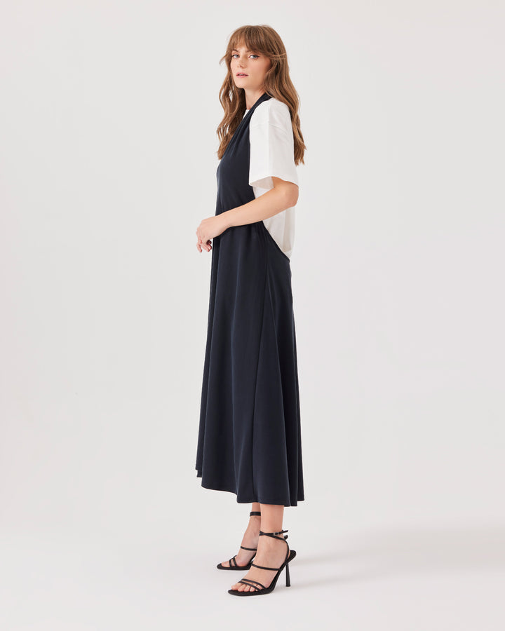 Black, midi,  lyocell-blend, halterneck dress, ankle-length, tencel blend fabric, wide straps tied at the neck, deep back cutout,  deep v-neckline.