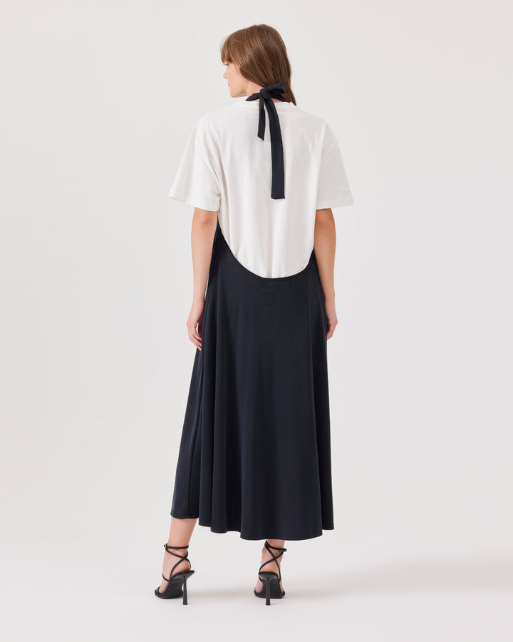 Black, midi,  lyocell-blend, halterneck dress, ankle-length, tencel blend fabric, wide straps tied at the neck, deep back cutout,  deep v-neckline.