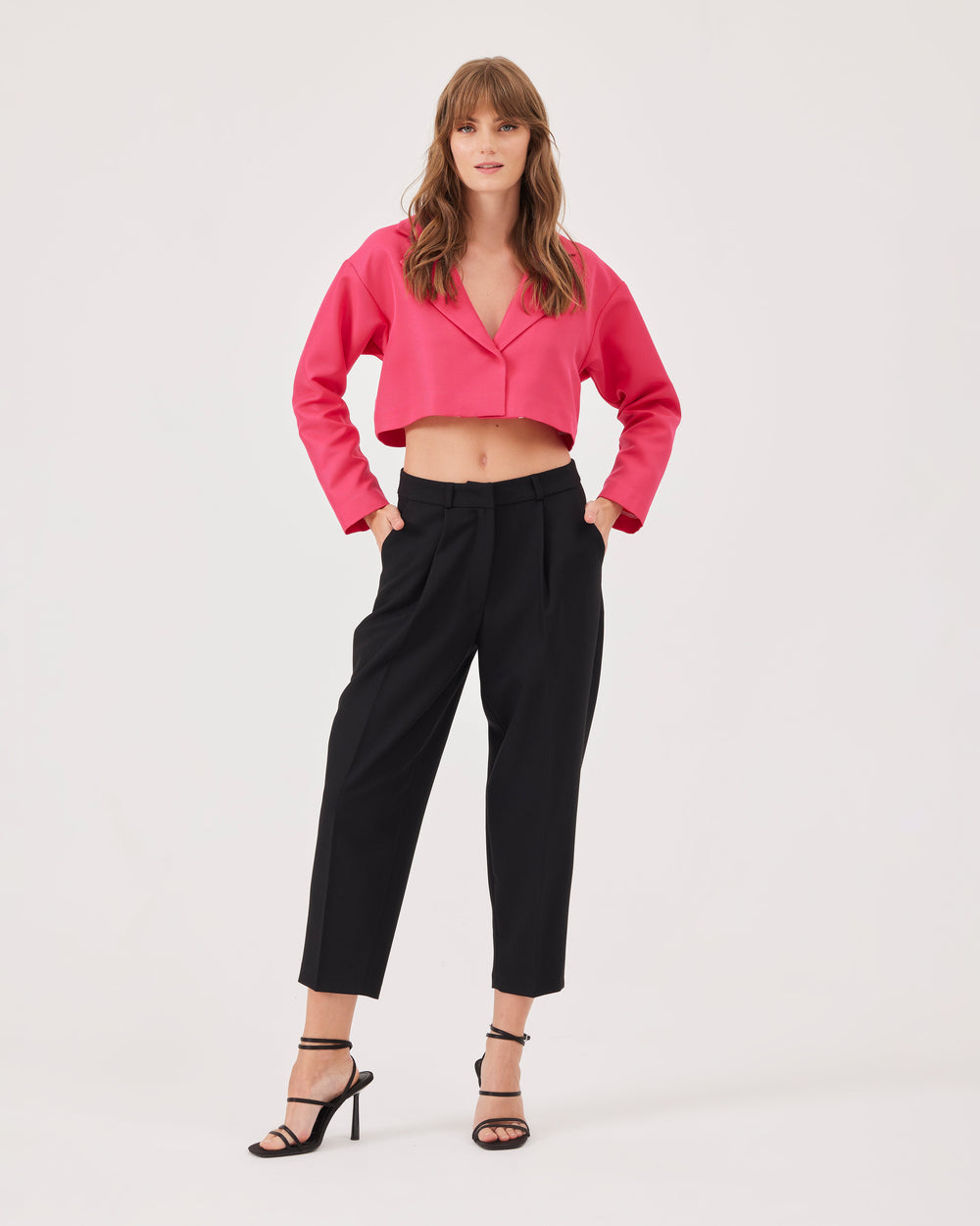 Black ankle-length pleated trousers, classic, loose fit, front and back creases, pleats on the waist, side pockets, concealed hook, regular fit, elegant. 