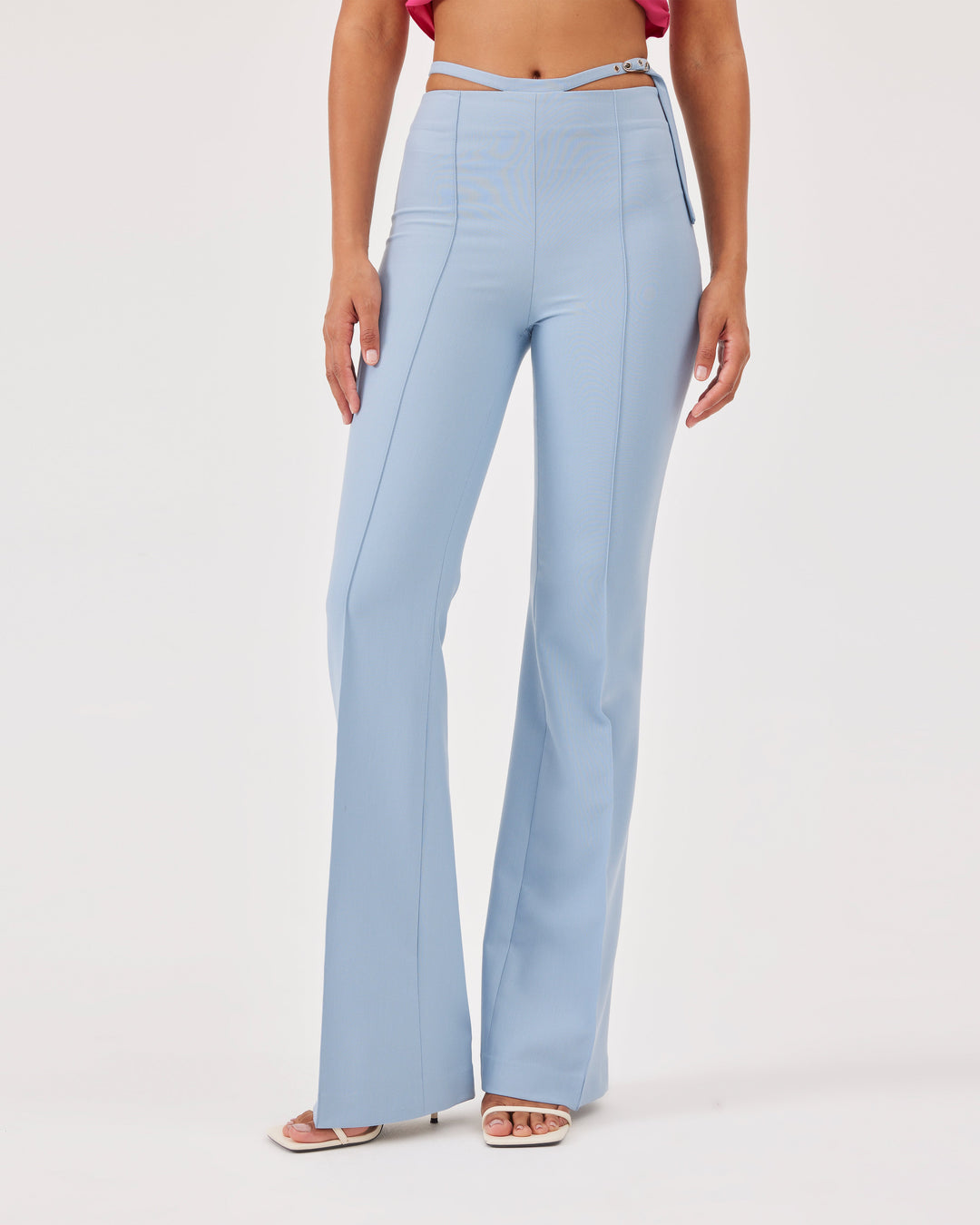 Blue, high-waist trousers, belt detail at the waist, slim fit, flared and wide legs, front and back creases,side zipper, pants, elegant.