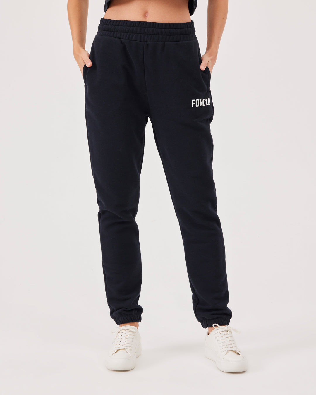 Black, joggers, side pockets, high-waist, elastication, soft material, loose fit, fonclo logo.