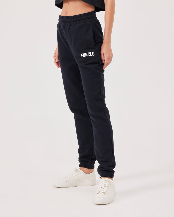 Black, joggers, side pockets, high-waist, elastication, soft material, loose fit, fonclo logo.