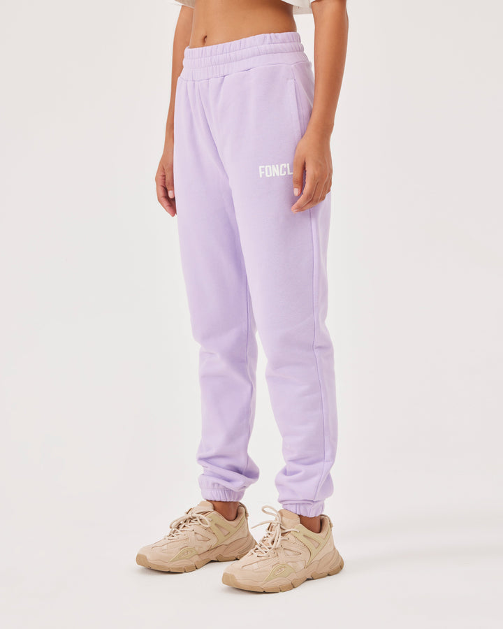 Lilac, joggers, side pockets, high-waist, elastication, soft material, loose fit, fonclo logo.