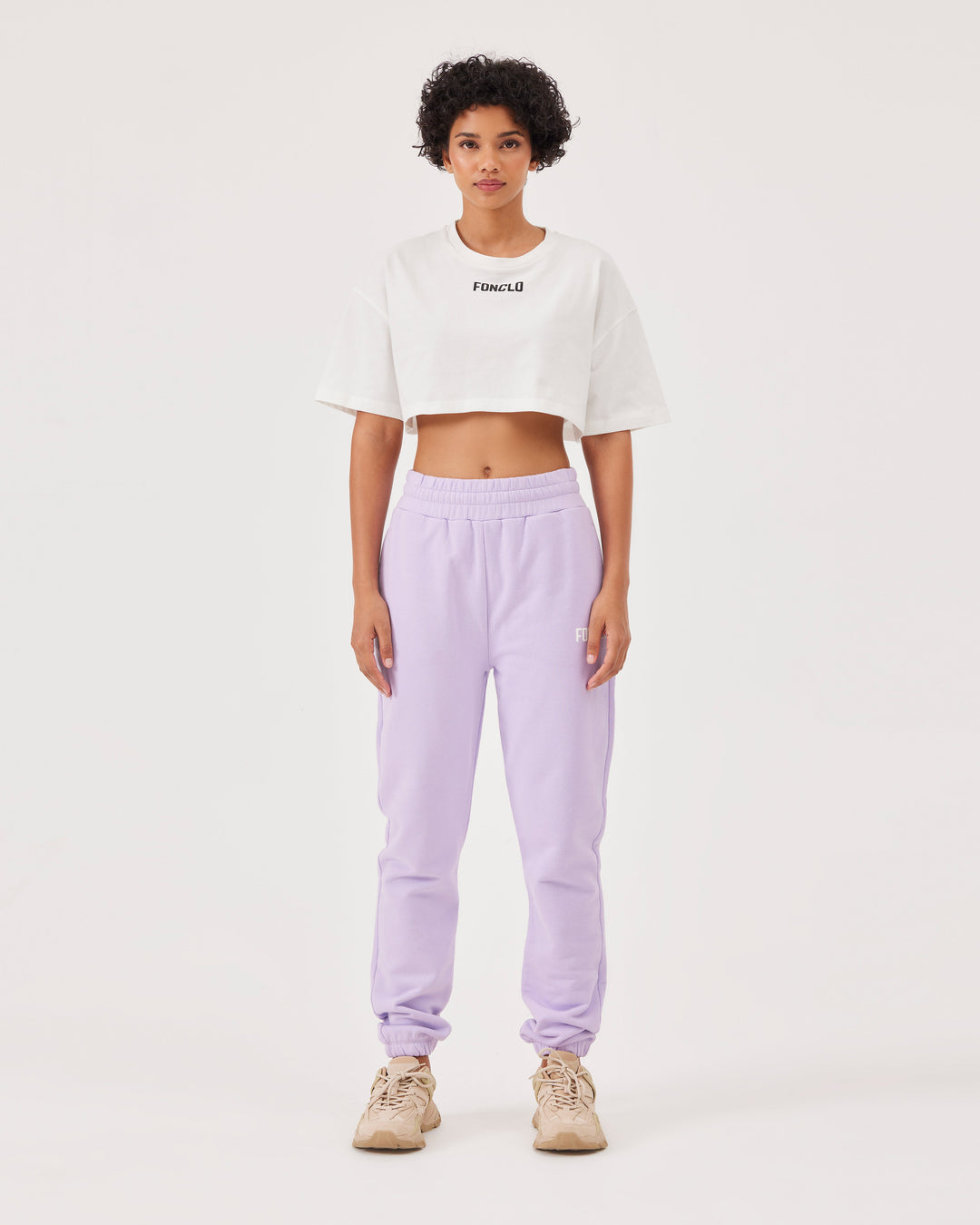 Lilac, joggers, side pockets, high-waist, elastication, soft material, loose fit, fonclo logo.