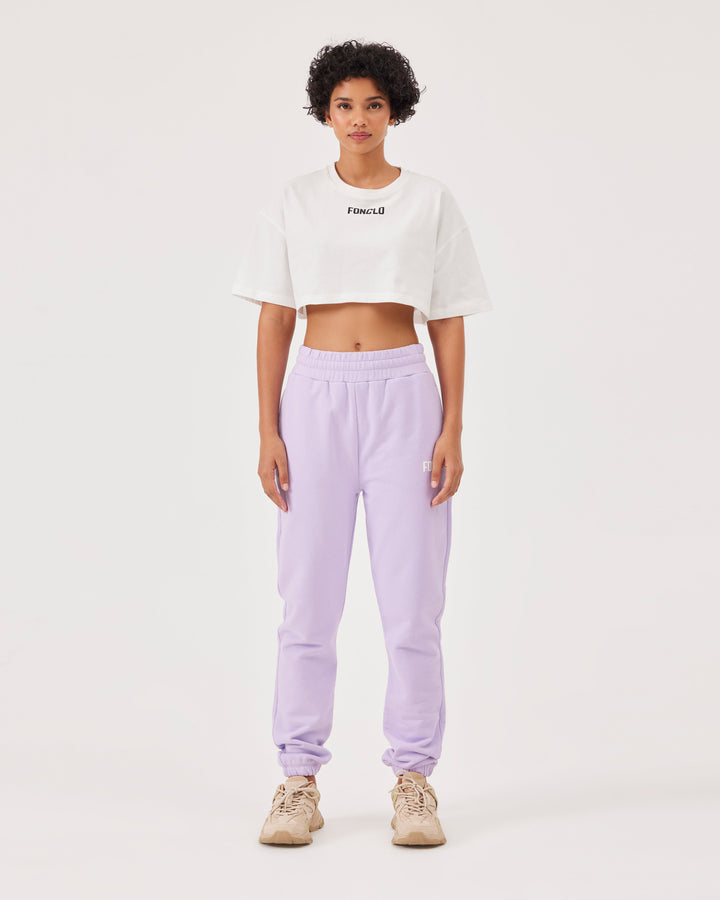 Lilac, joggers, side pockets, high-waist, elastication, soft material, loose fit, fonclo logo.